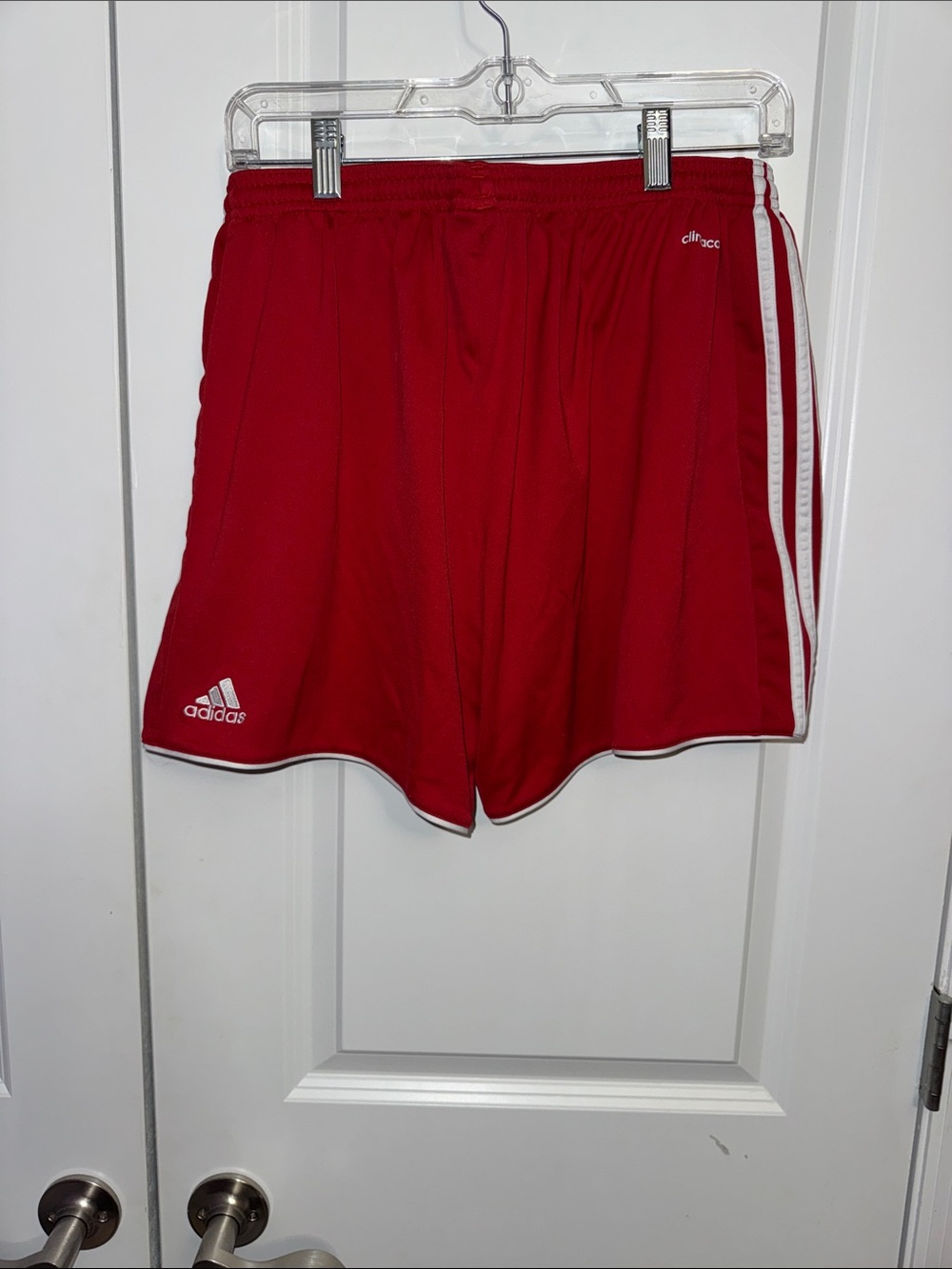 adidas Women's Red Athletic Shorts with White Stripes